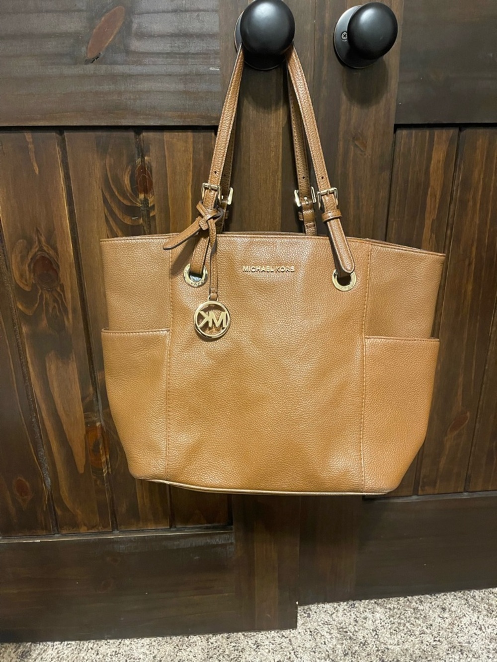 Michael Kors Tan Pebbled Leather Tote with Gold MK Charm